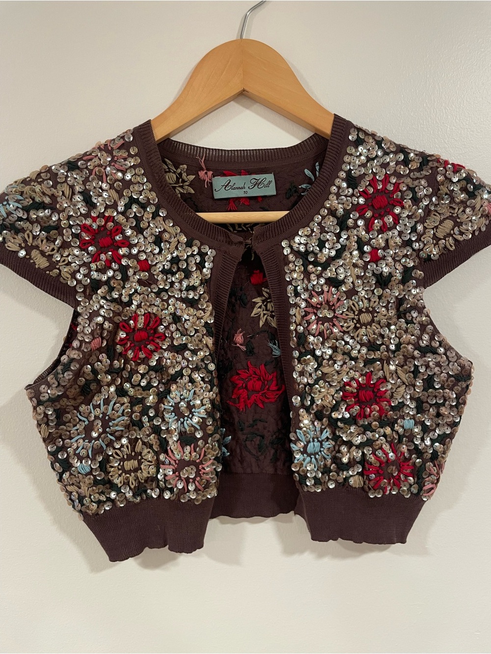 Alannah Hill Brown Sequined Floral Crop Top with Red & Blue Accents